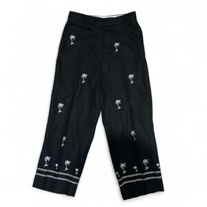 Women’s Black Linen Chino Pants with Embroidered White Palm‎ Trees